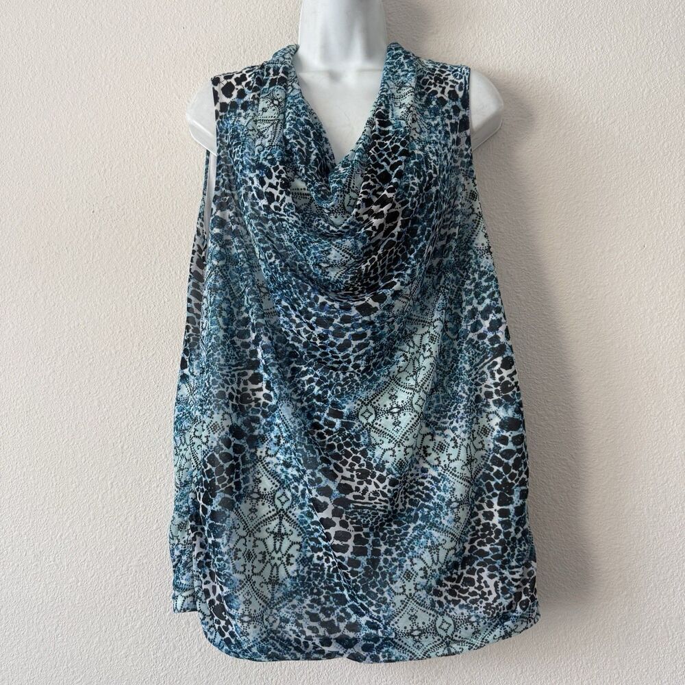 Dana Buchman Tunic Top Women’s XL Sleeveless Cowl Neck Blue Animal Print